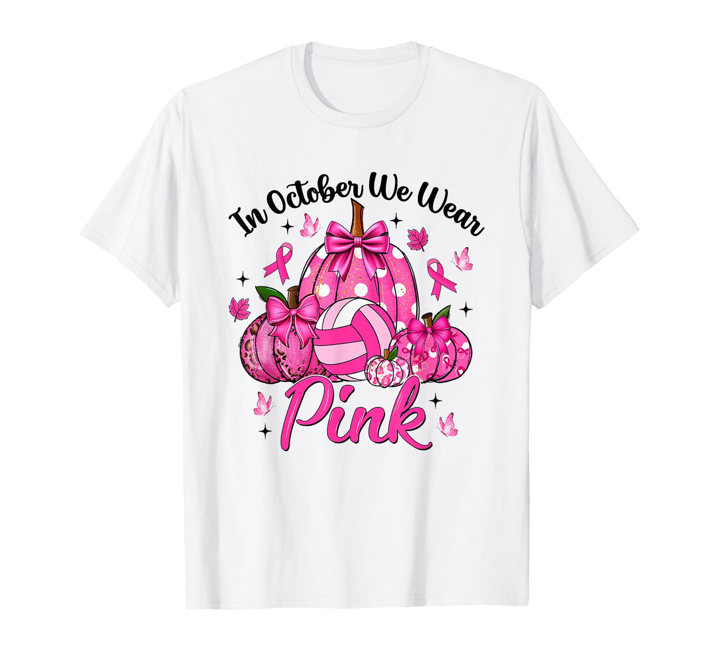 in October We Wear Pink Volleyball Pumpkin Breast Cancer T-Shirt