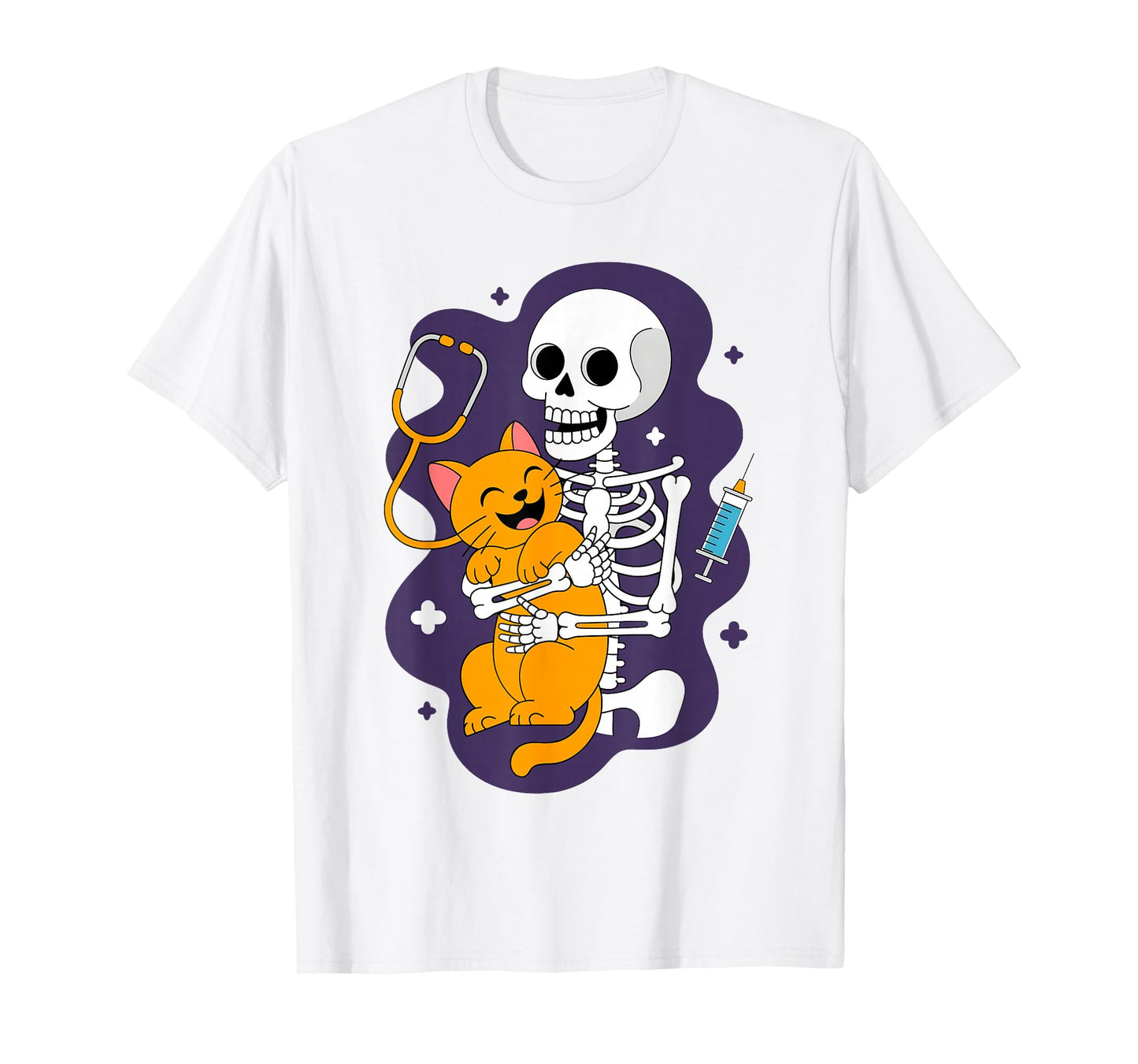 Skeleton Hugging Cat Funny Vet Cat Lover Halloween Men Women T-Shirt