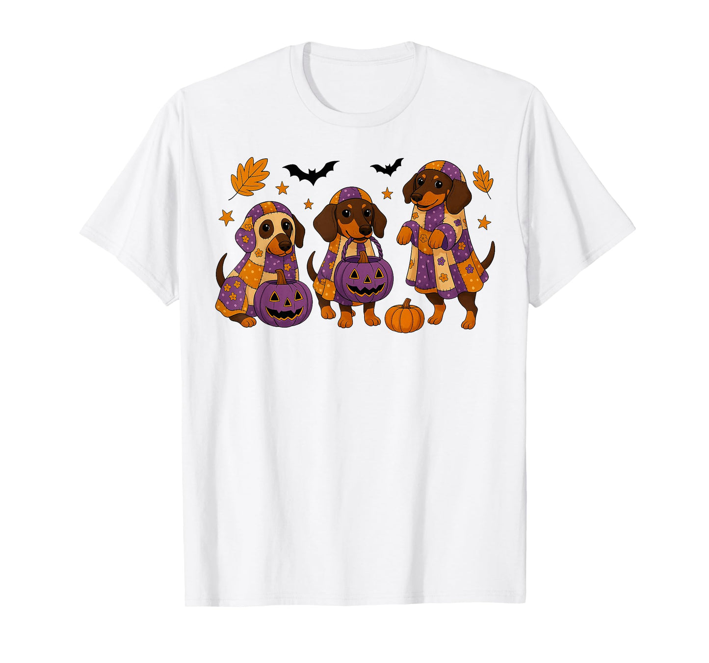 Retro Patchwork Dachshund Dog Ghosts Pumpkins Halloween Kids T-Shirt
