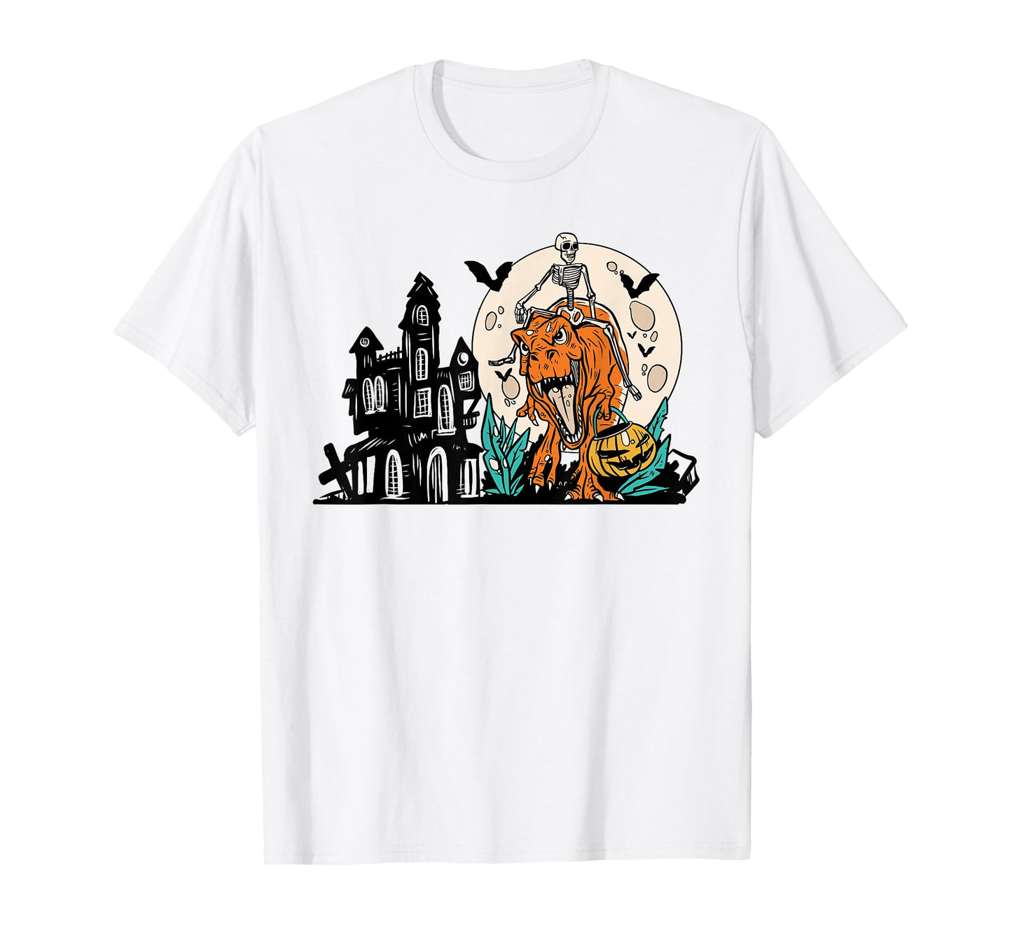 Skeleton Riding Dinosaur T Rex Halloween Funny Pumpkin Boys T-Shirt