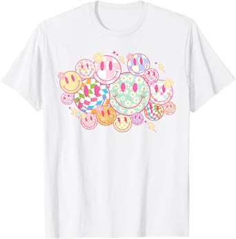 Retro Smile Face Shirt Flower Happy Face Checkered Pattern T-Shirt