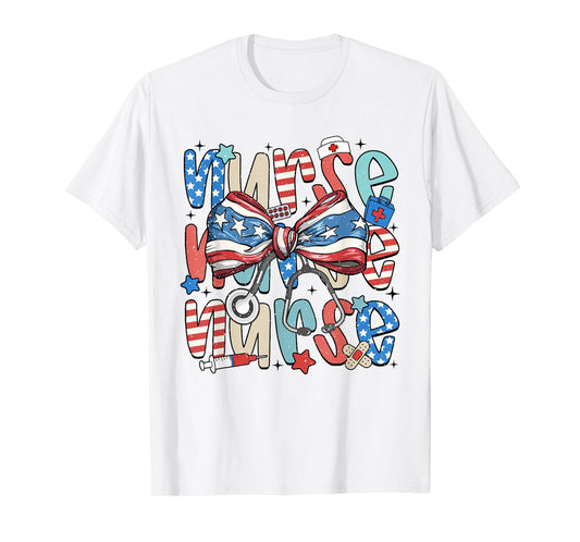 4th Of July Nurse American Flag Fourth Of July Coquette Bow T-Shirt