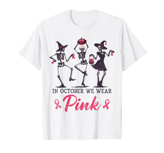 Dancing Skeleton Witch Pink Ribbon Breast Cancer Halloween T-Shirt
