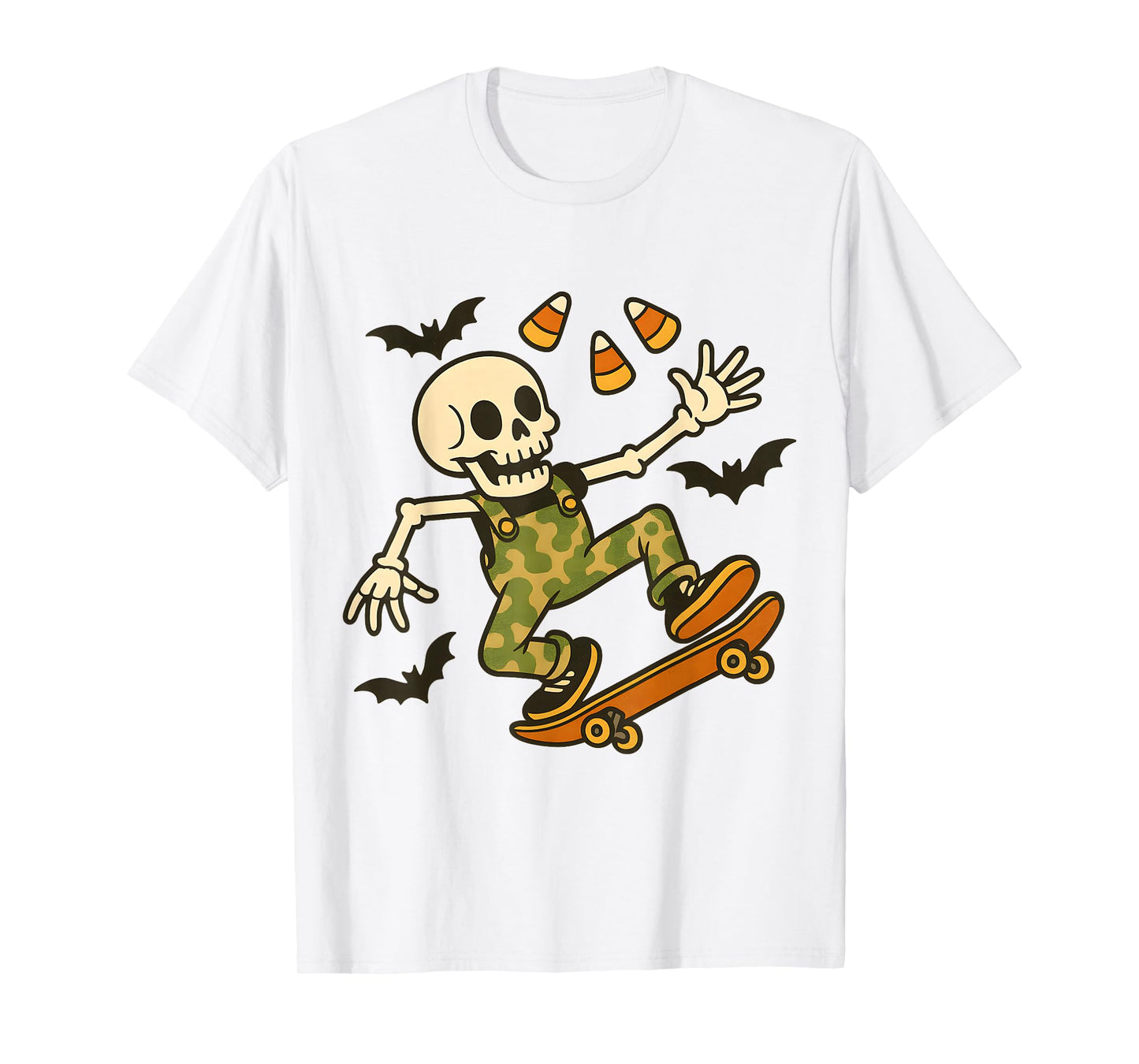 Funny Skeleton Skateboarding Halloween Candy Corn Spooky T-Shirt