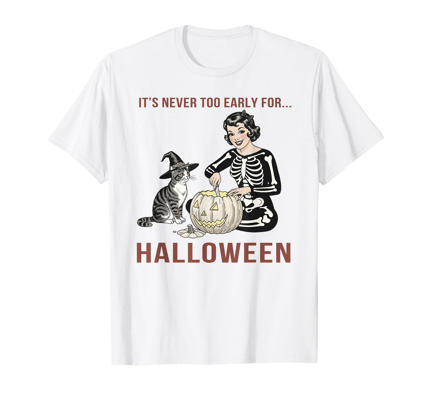 Never Too Early for Halloween Retro Cat Skeleton T-Shirt