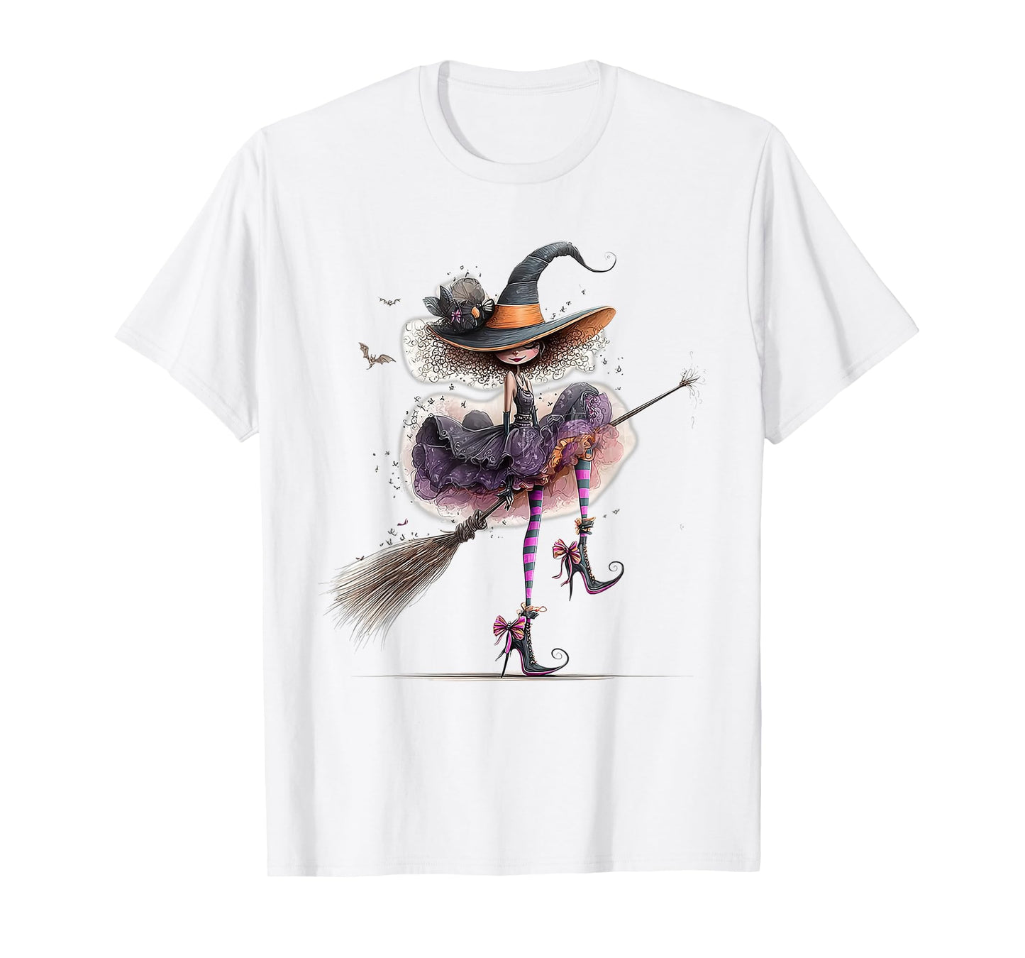 Spooky Witch High Heels with Black Cat Halloween Pumpkin T-Shirt
