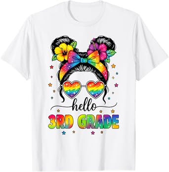 Hello 3rd Grade Messy Bun First Day Of School Teacher Kids T-Shirt