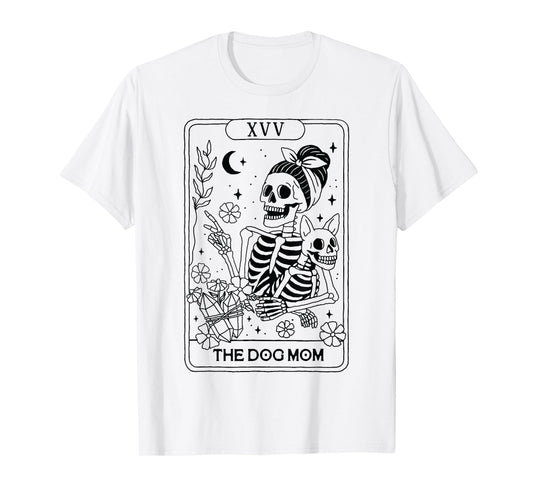Dog Mom Skeleton Tarot Card Halloween Line Drawing Dog Mama T-Shirt