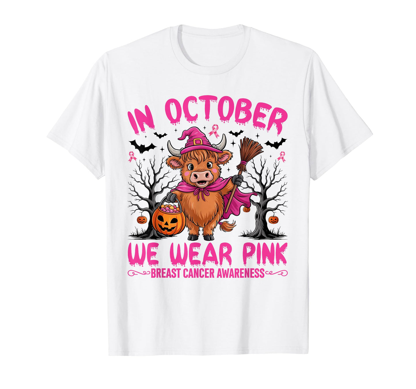 Highland Cow In October We Wear Pink Breast Cancer Halloween T-Shirt