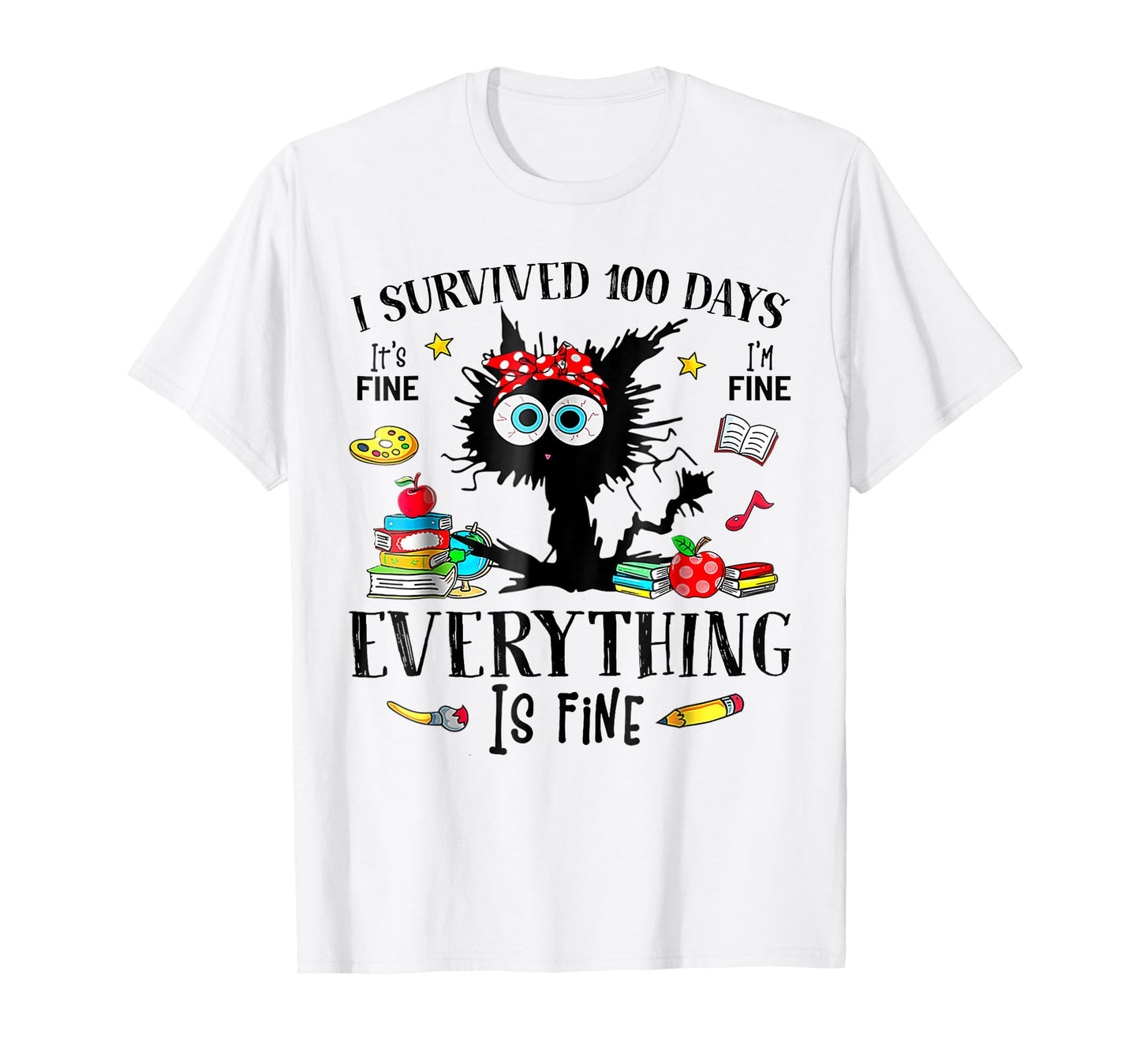 I Survived 100 Days Of School Teacher & Kids Funny Cat T-Shirt