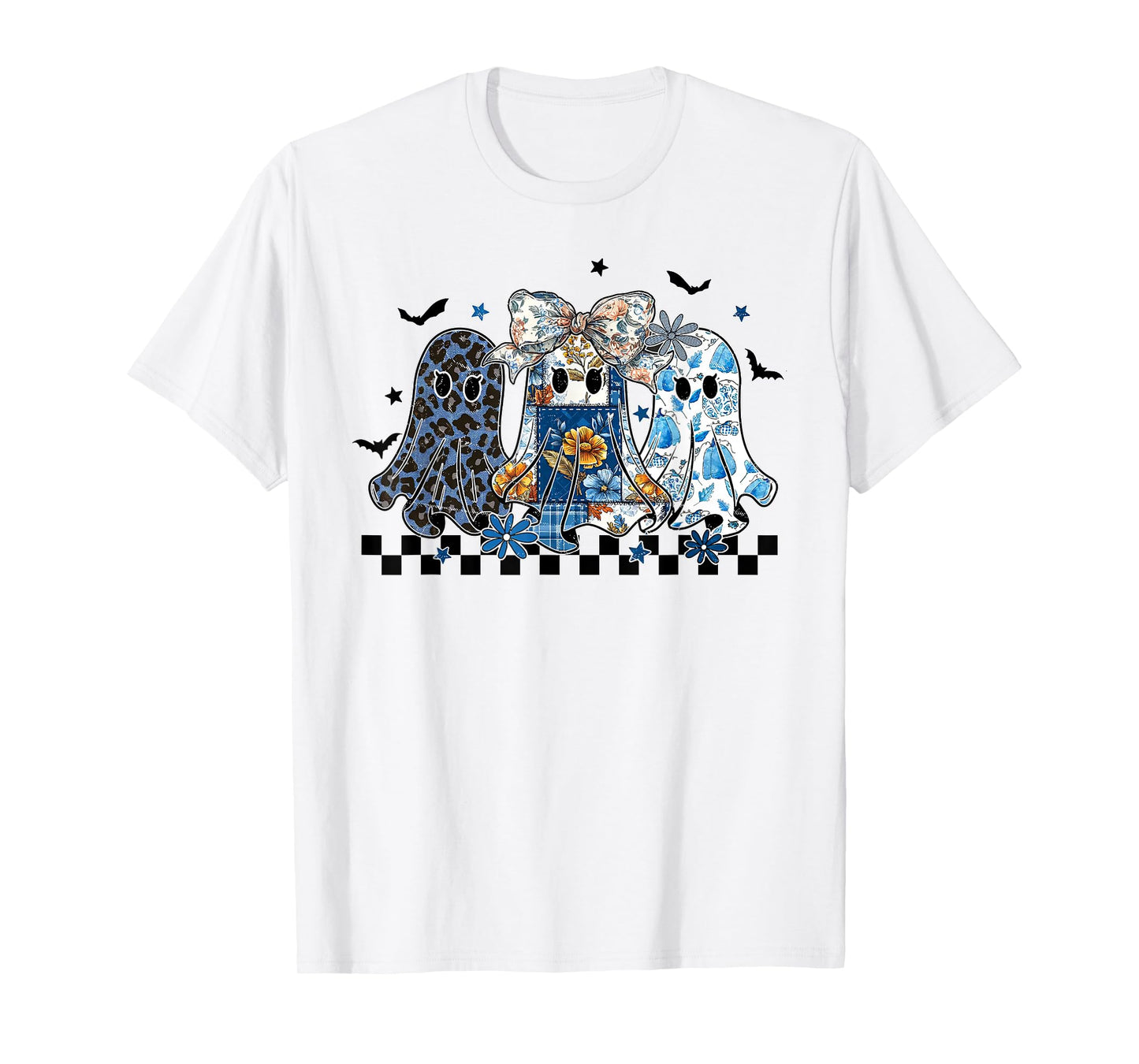 Preppy Girly Coquette Bow Patchwork Ghost Fall Halloween T-Shirt