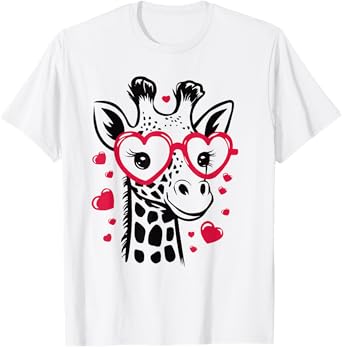 Adorable Giraffe Zoo Animal Lovers Unisex-Adults, Unisex-Kids White Small Classic Fit Cotton 80%, Polyester 20% Short Sleeve T-Shirt Giraffe With Heart glasses Love Celebration Valentine's Day T-Shirt