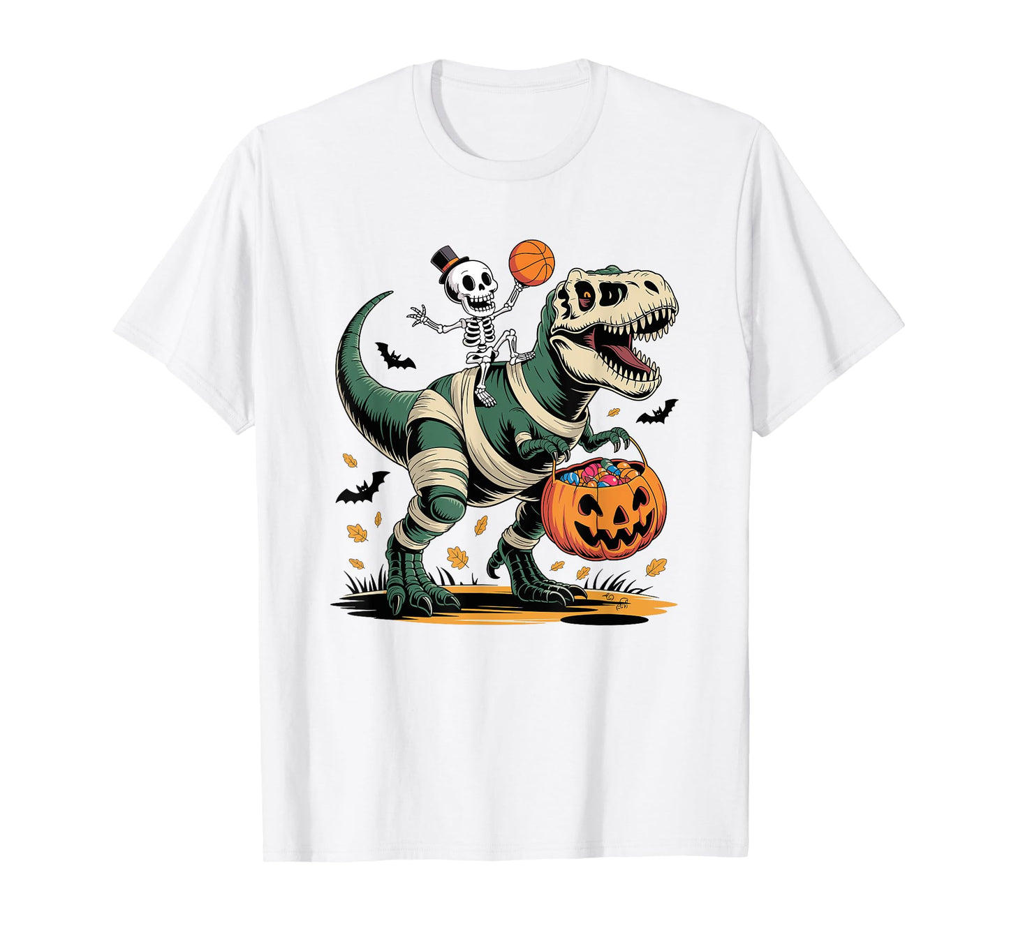 Basketball Skeleton Riding Mummy Dinosaur T-Rex Halloween T-Shirt