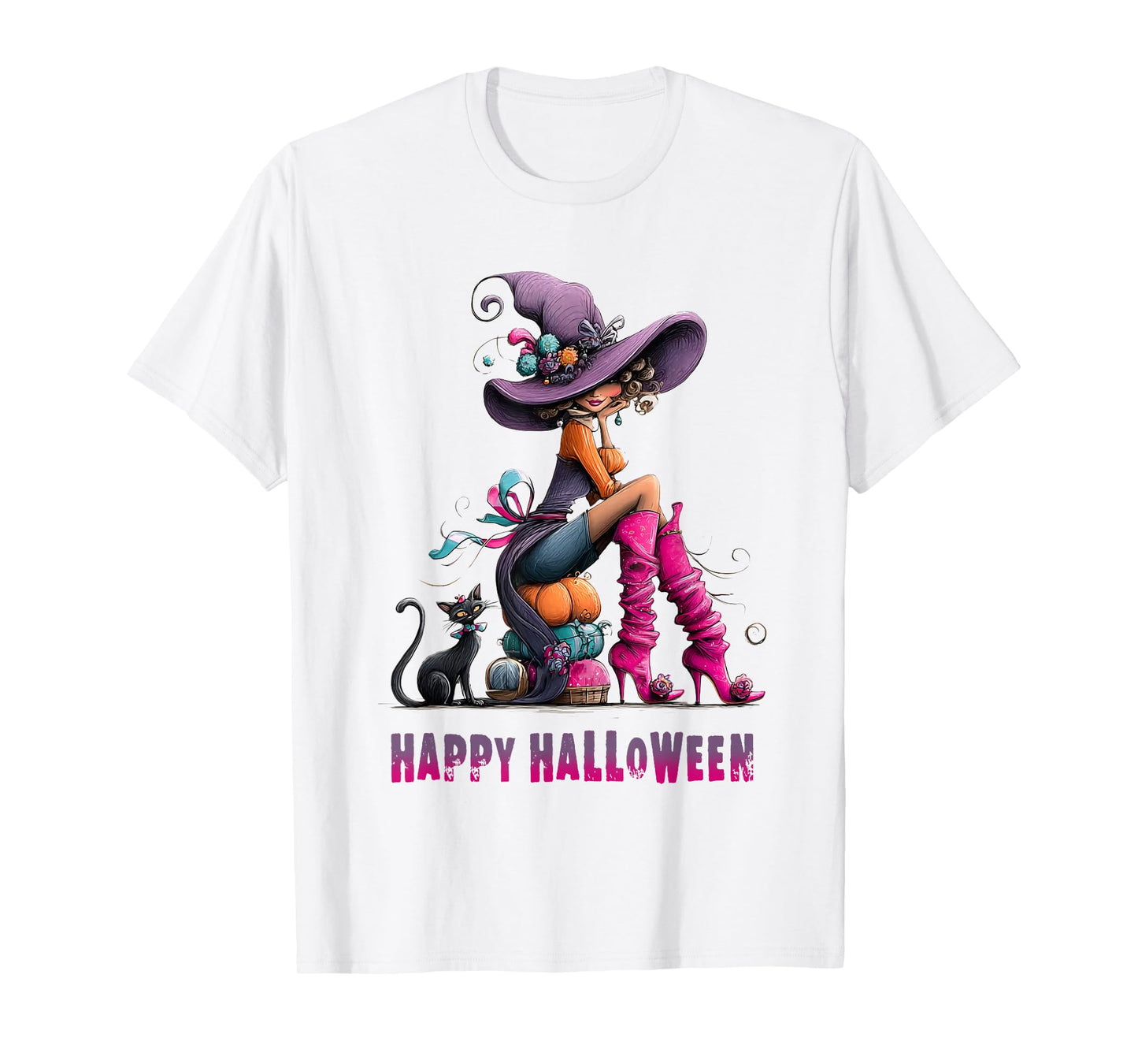 Spooky Witch High Heels with Black Cat Halloween Pumpkin T-Shirt
