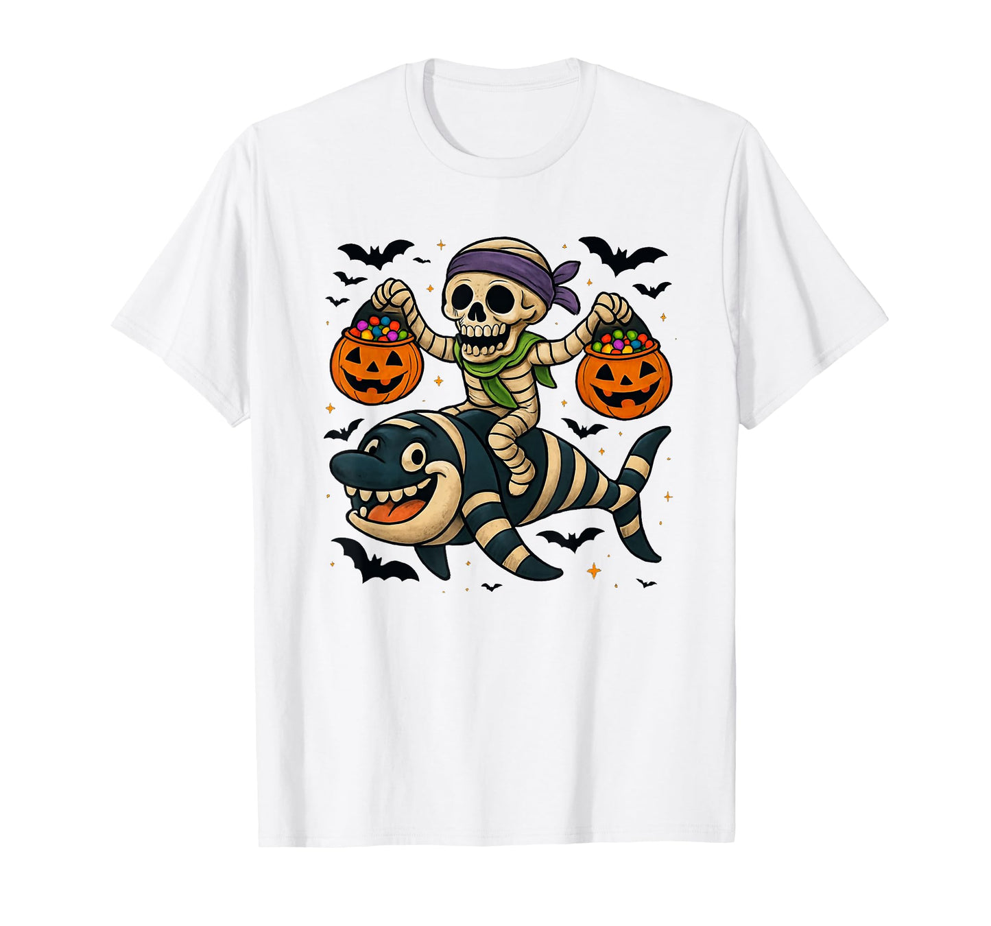 Skeleton Riding Mummy Orca Halloween Candy Whale T-Shirt