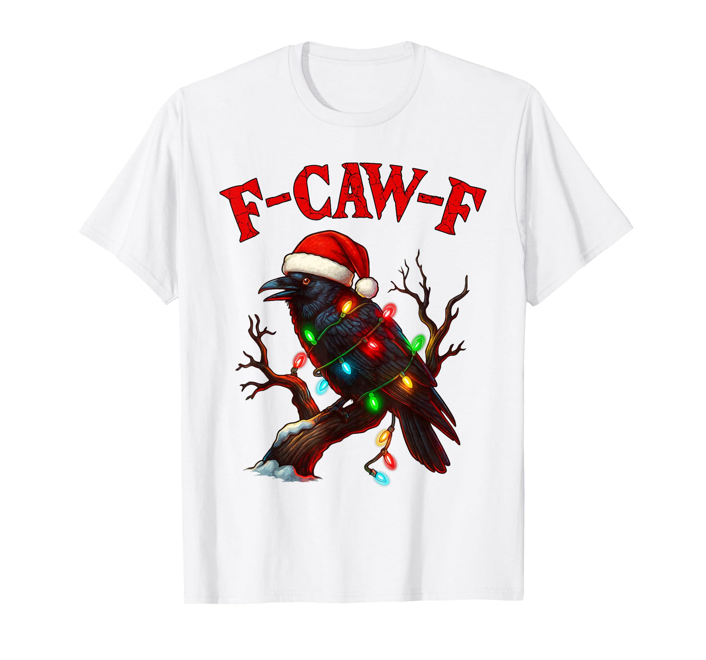 Black Crow F-Caw-F Funny Retro Christmas Lights Santa hat T-Shirt