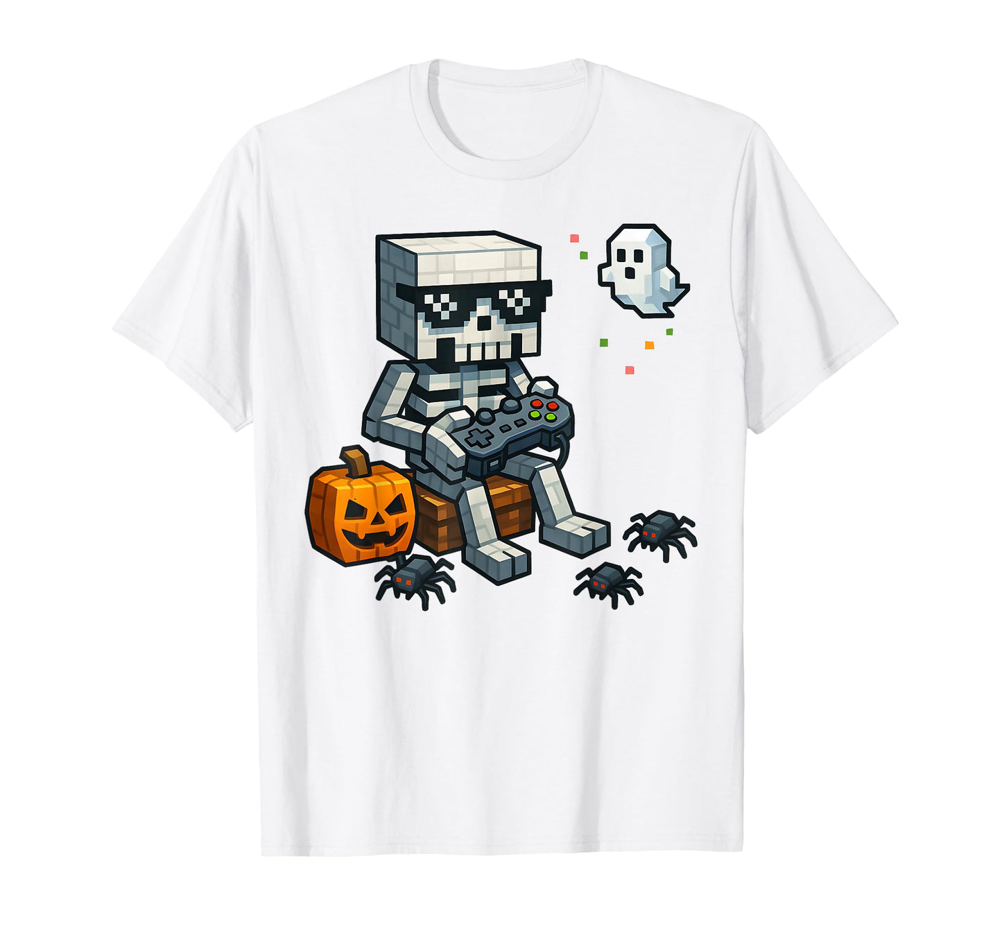 Halloween Skeleton Gamer Pixel Video Gaming Boys Men Kids T-Shirt