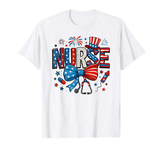 Coquette Bow 4th Of July Nurse Flag Usa Holidays Girl Women T-Shirt