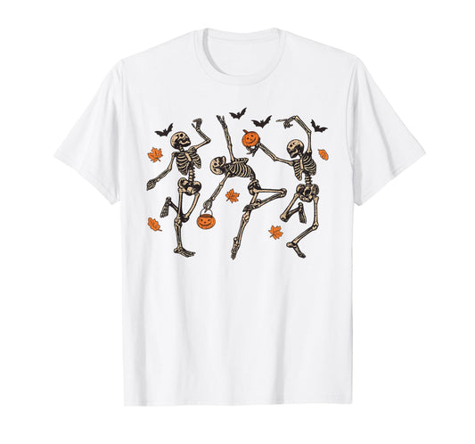 Dancing Skeleton Shirt for Women Happy Halloween Fall Skull T-Shirt
