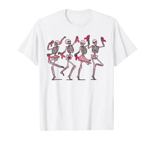 Pink Ribbon Breast Cancer Dancing Skeleton Women Men Kids T-Shirt