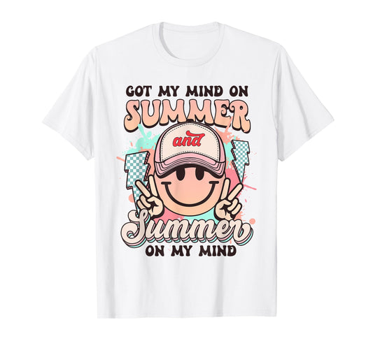 Groovy Happy Face Summer Vibes Got My Mind On Summer Teacher T-Shirt