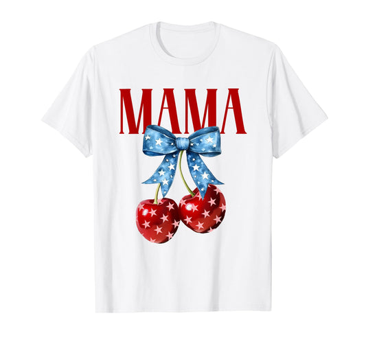 Cute Mama Cherries Coquette Bow Retro Cherry 4th Of July T-Shirt