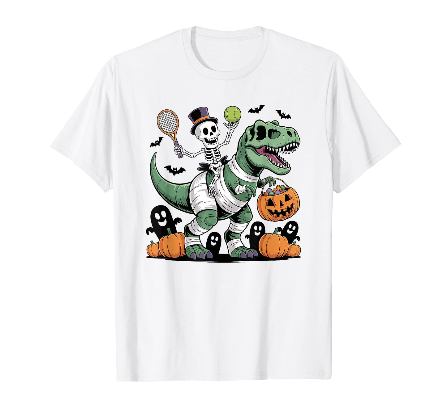 Tennis Skeleton Riding Mummy Dinosaur T-Rex Halloween Boys T-Shirt