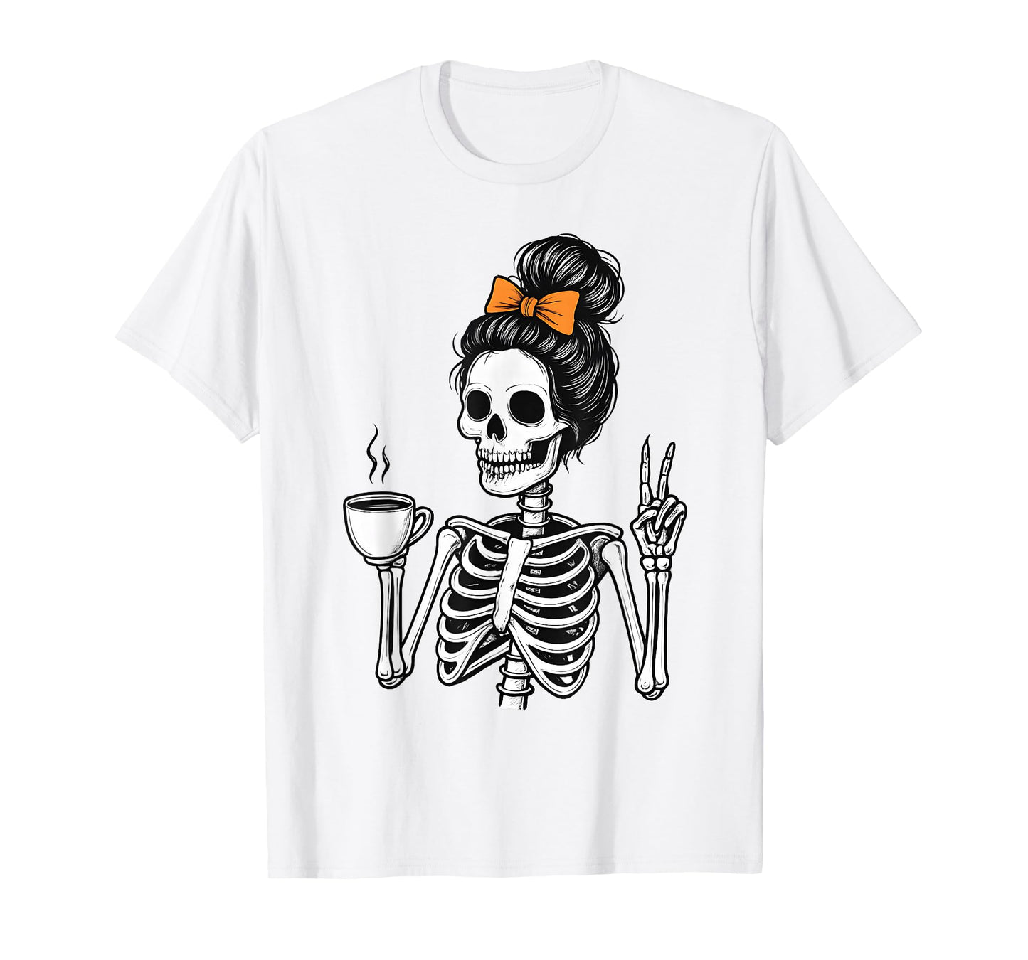 Halloween Skeleton Messy Bun Coffee Funny Spooky Costume T-Shirt