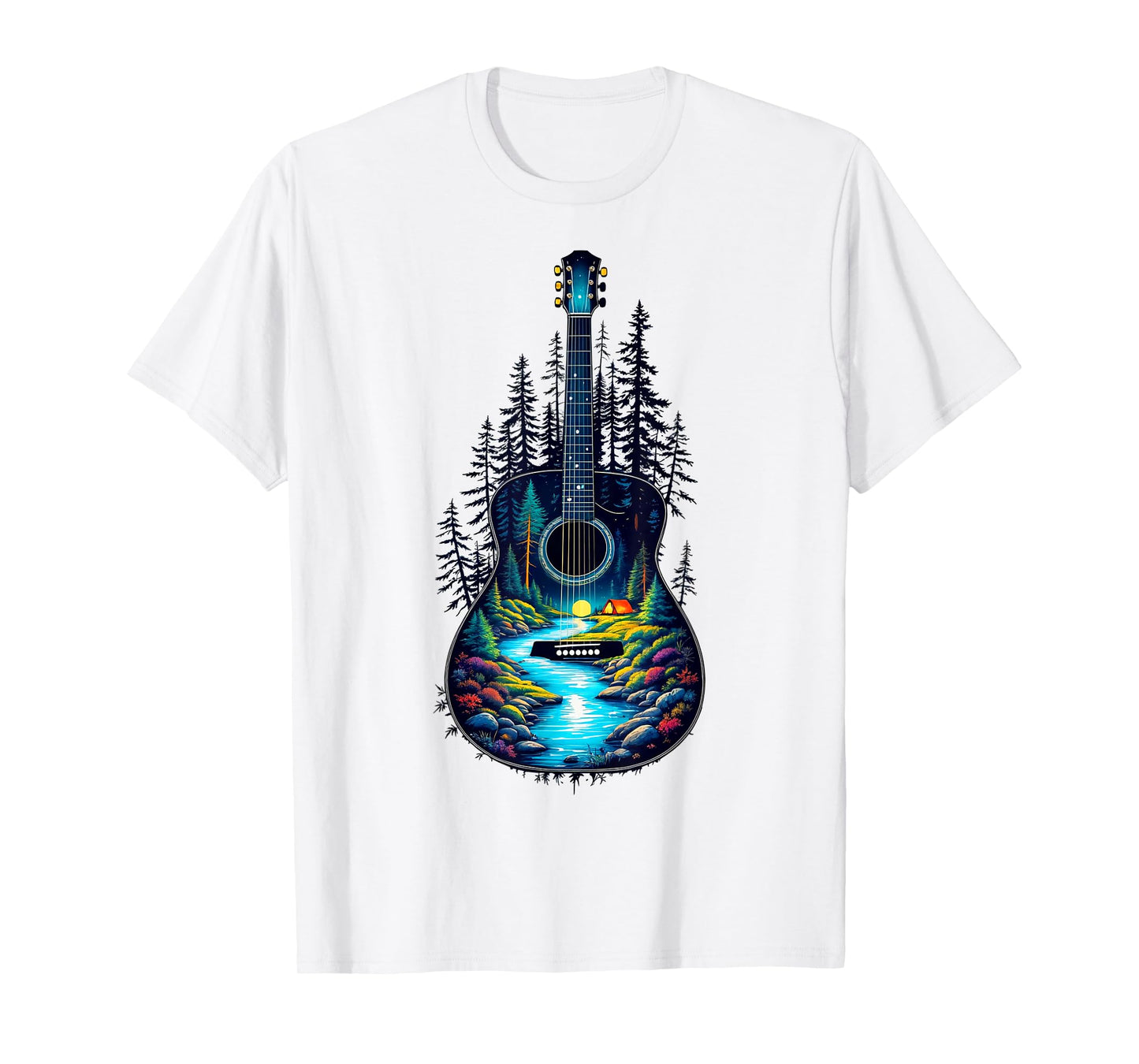 Guitar Lake Reflections Forest Pine Tree Moon Camp Guitarist T-Shirt