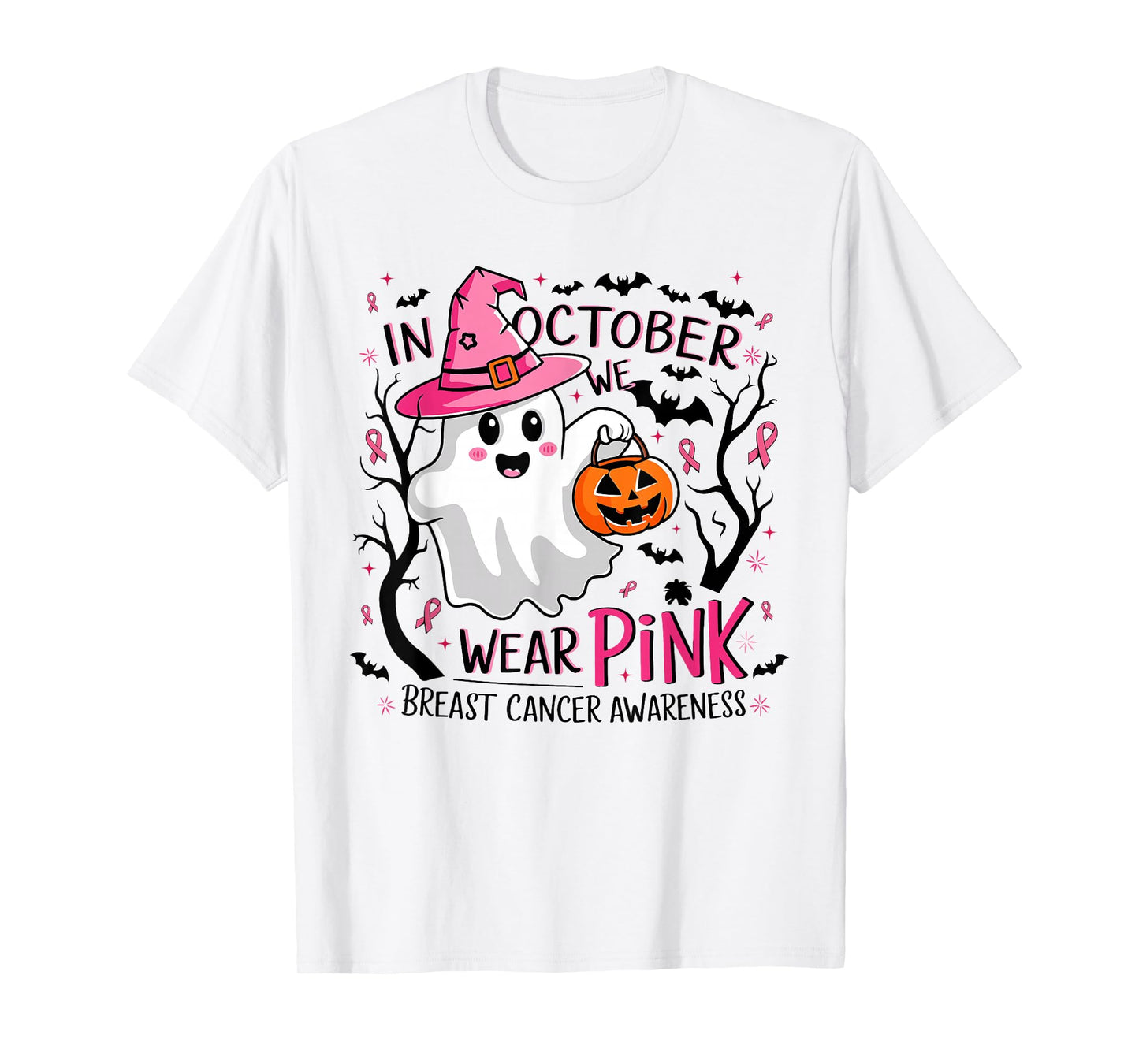 In October We Wear Pink Ghost Witch Breast Cancer Awareness T-Shirt