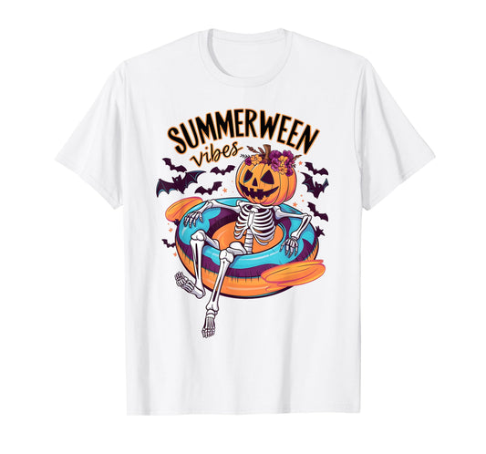 Summerween Vibes Skeleton Pumpkin Summer Vacation Men Women Kids T-Shirt