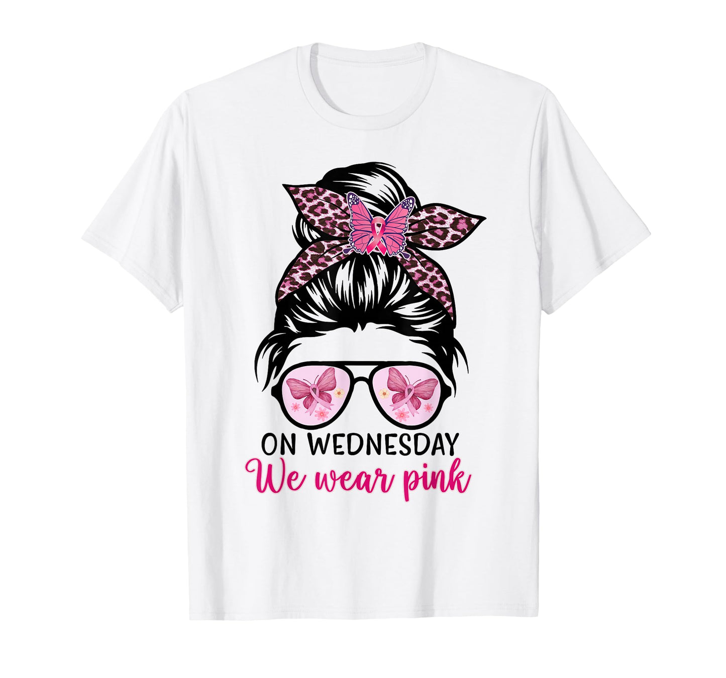 On Wednesday We Wear Pink Messy Bun, Leopard Breast Cancer T-Shirt