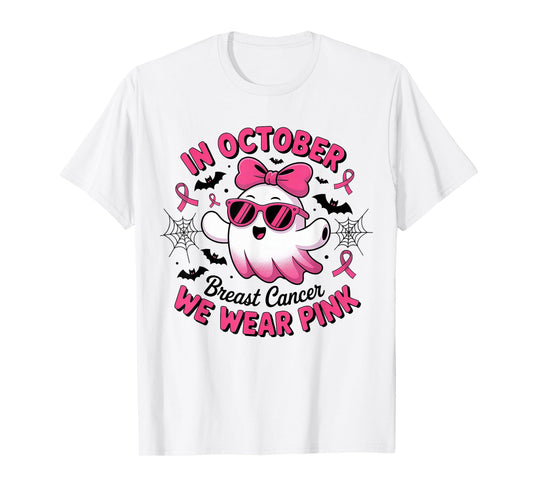 in October We Wear Pink Funny Halloween Ghost Breast Cancer T-Shirt