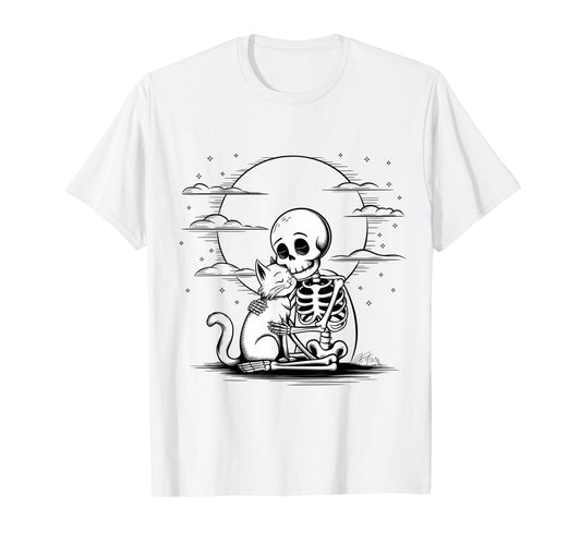 Cute Skeleton Hugging Cat Halloween T-Shirt