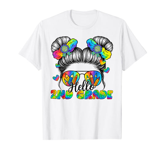 Back To School Tie Dye Hello 2nd Grade Messy Bun Girl T-Shirt