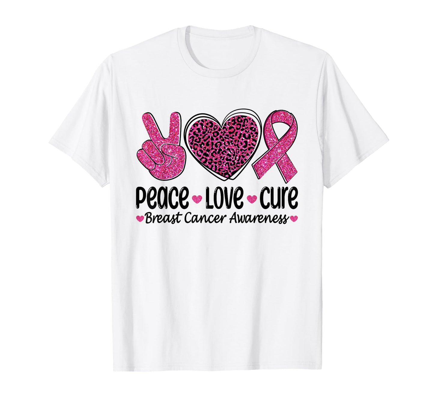 Peace Love Cure Leopard Heart Ribbon Breast Cancer Awareness T-Shirt