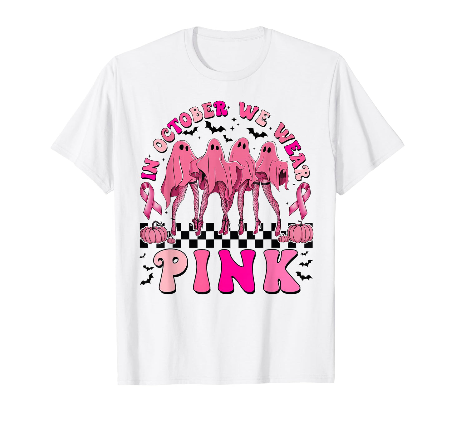 In October We Wear Pink Ribbon Breast Cancer Ghost Halloween T-Shirt