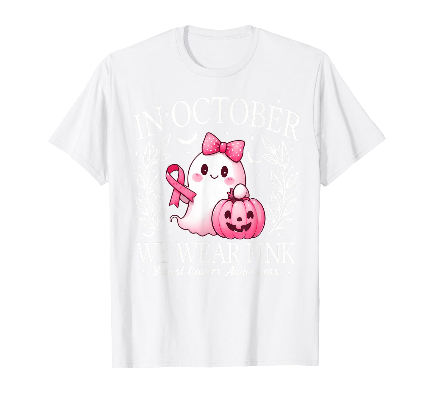 in October We Wear Pink Cute Ghost Breast Cancer Awareness T-Shirt