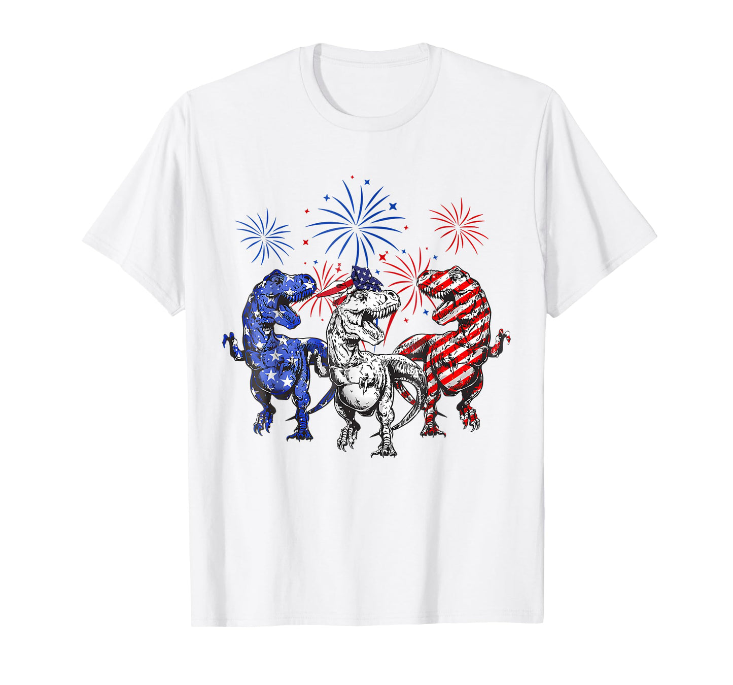 Red White Blue T Rex Dinosaur Firework 4th Of July T-Shirt for Women Kids Men