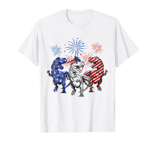 Red White Blue T Rex Dinosaur Firework 4th Of July T-Shirt for Women Kids Men