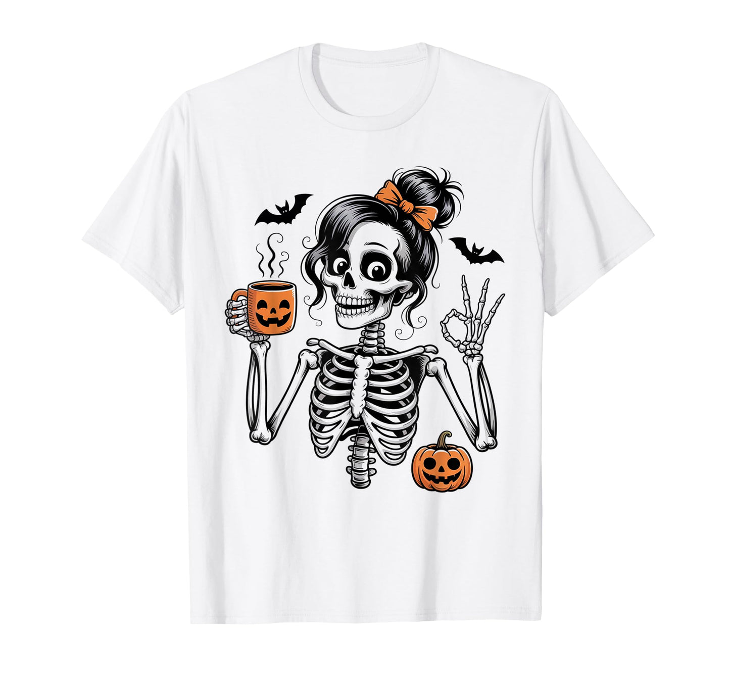 Halloween Skeleton Messy Bun Coffee Pumpkin Bat Costume Mom T-Shirt