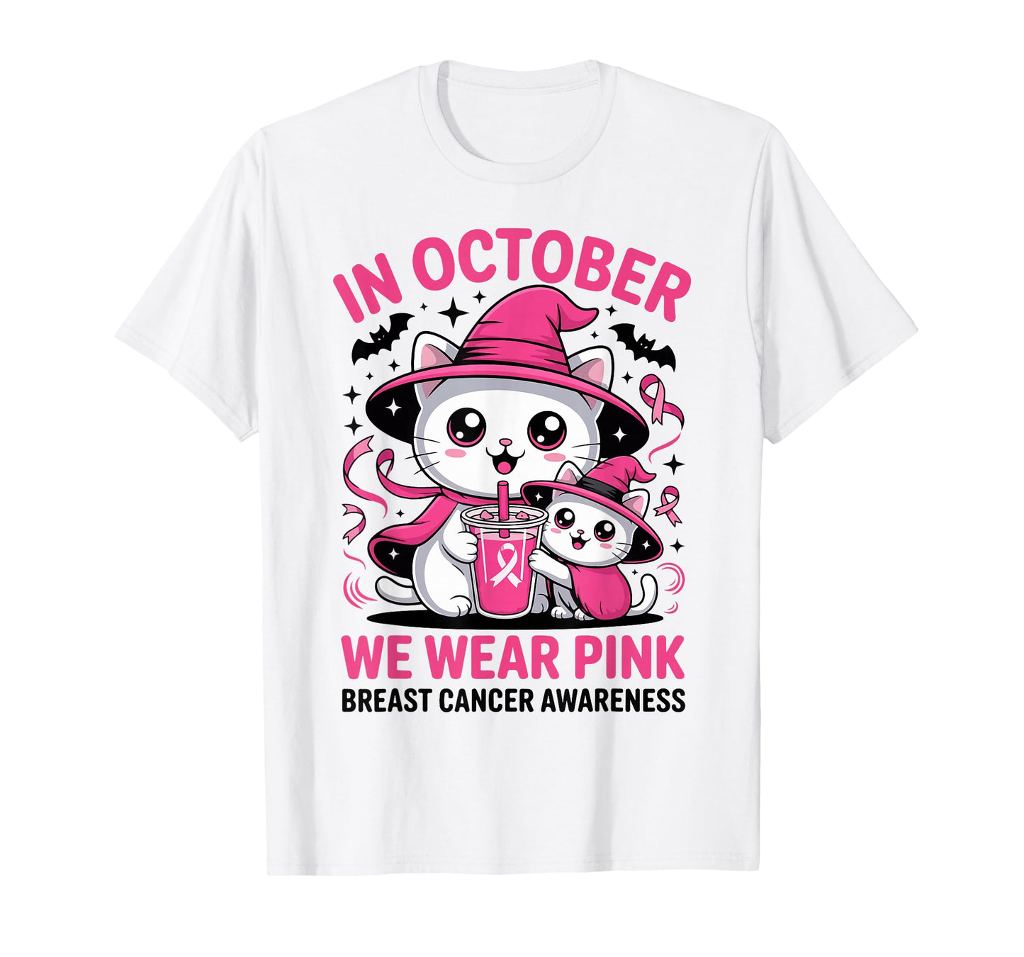 Breast Cancer Halloween Cat in October We Wear Pink T-Shirt