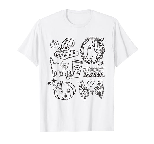 Cute Halloween Spooky Season Witch Hat Ghost Cat Pumpkin Fun T-Shirt