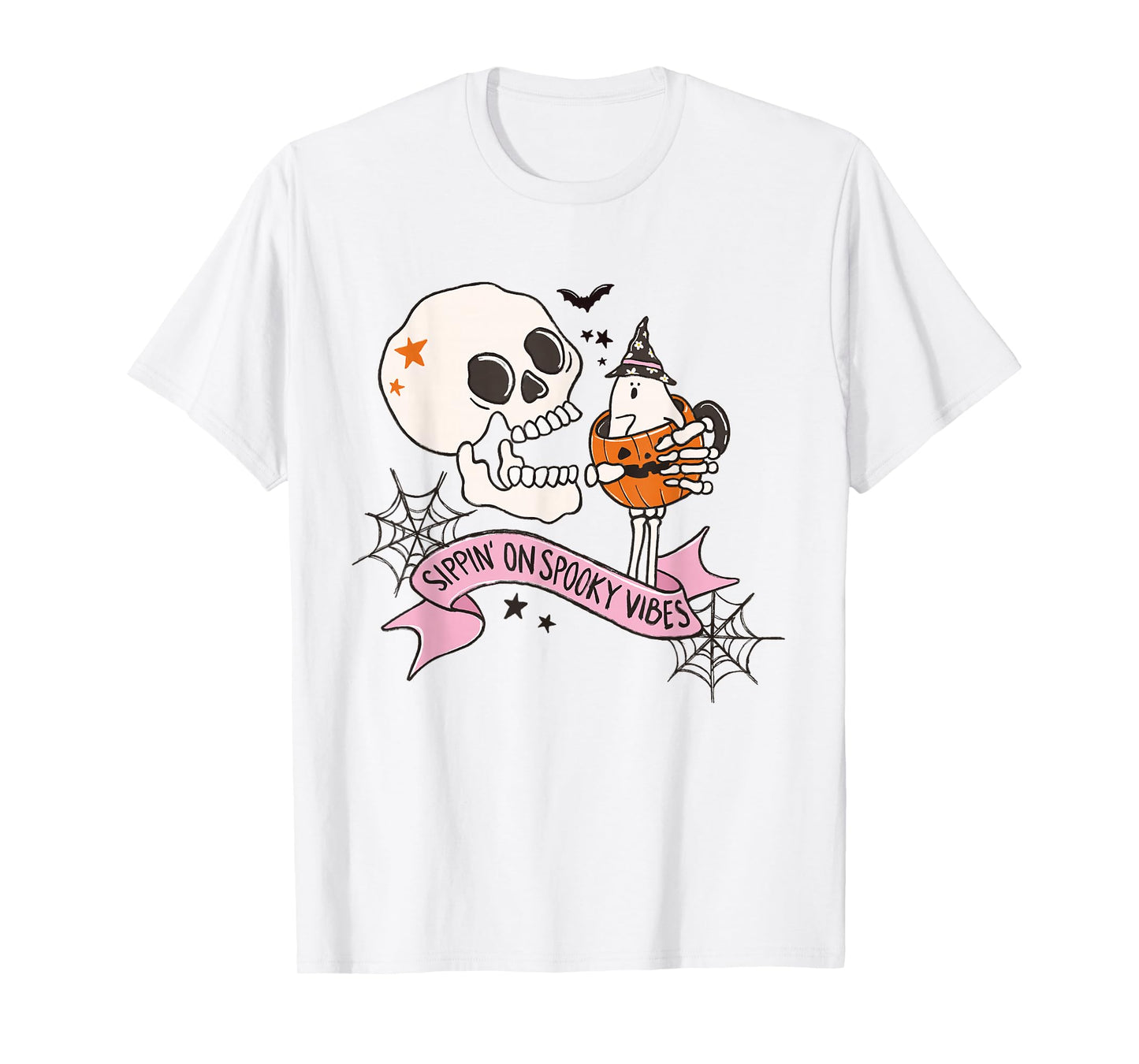 Sippin On Spooky Vibes Skull Ghost Pumpkin Coffee Halloween T-Shirt