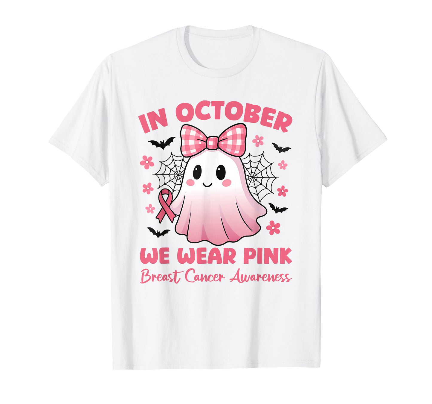 in October We Wear Pink Cute Ghost Awareness T-Shirt