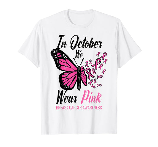 In October We Wear Pink Butterfly Breast Cancer Awareness T-Shirt