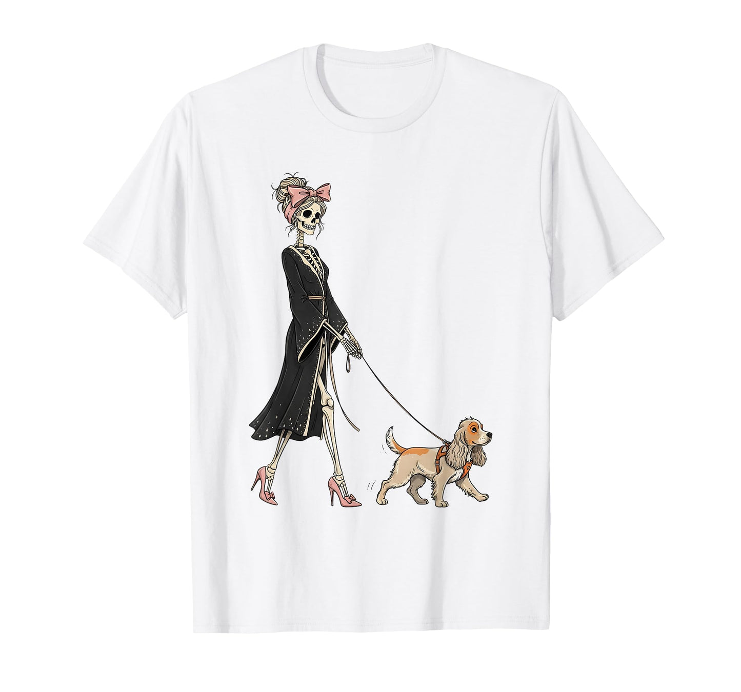 Skeleton Cocker Spaniel Dog Walking Halloween Women T-Shirt
