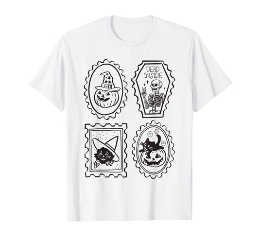 Cute Halloween Witch Cat Pumpkin Skeleton Funny Spooky Retro T-Shirt