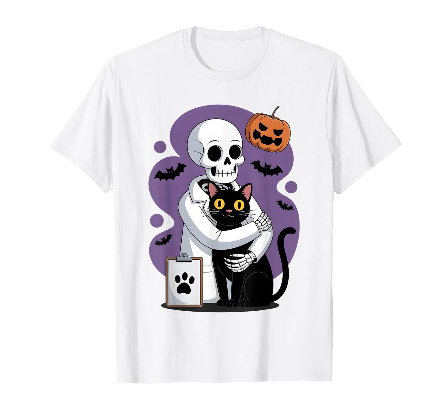 Skeleton Hugging Cat Funny Vet Cat Lover Halloween Men Women T-Shirt
