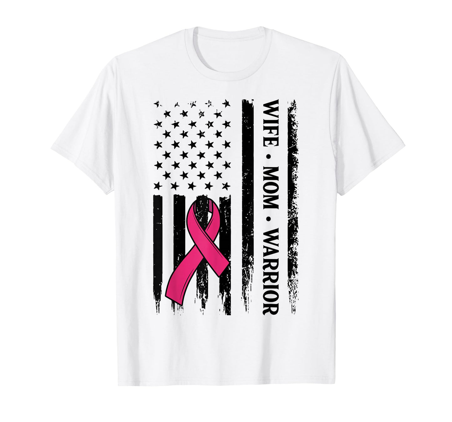 Breast Cancer Awareness Wife Mom Warrior US Flag Pink Ribbon T-Shirt
